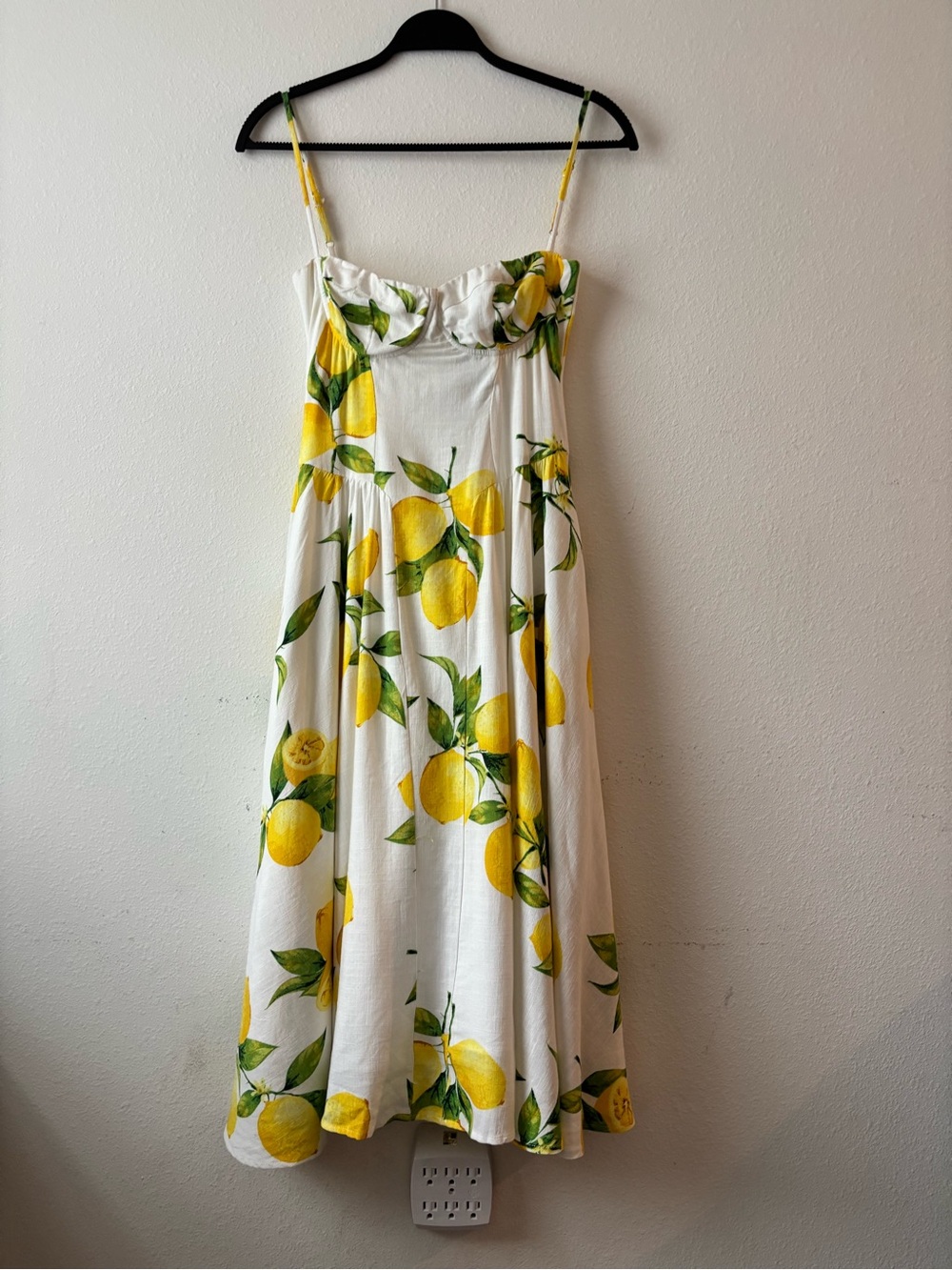 White Lemon-Print Midi Sundress with Spaghetti Straps